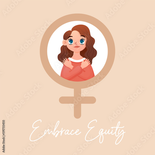 Embrace Equity vector illustration. Sisterhood and girl power concept. Woman hug yourself. EmbraceEquity. Female empowerment movement photo