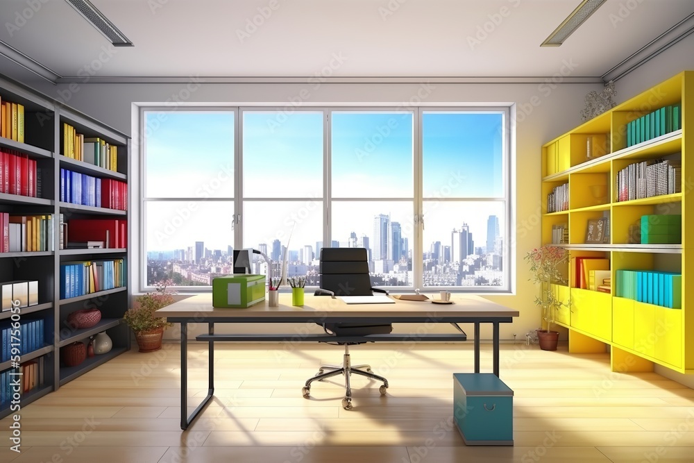 Colorful City Workspace: Inspiring Home Office with Vibrant Hues, home office, city, bright colors, workspace, inspiration, design, creativity, productivity, interior, furniture,