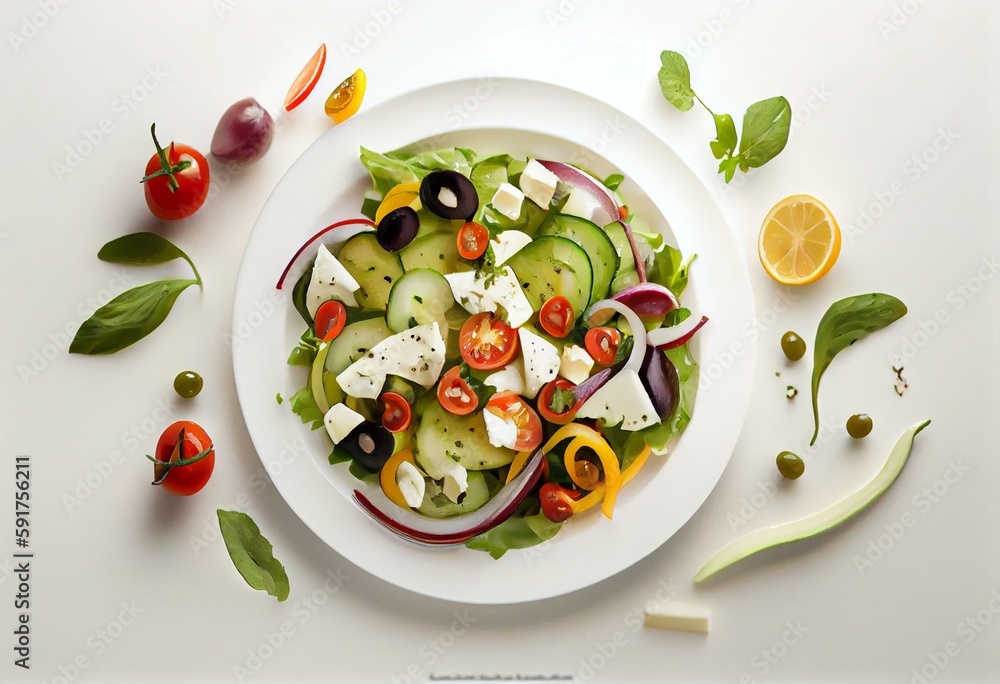 vegetable salad with greens tomatoes cucumbers olives cheese and onions on a white background Generative AI
