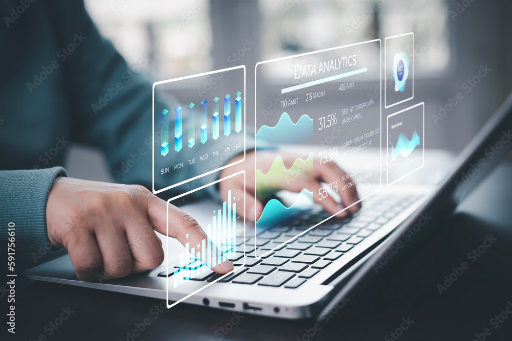 Obraz premium Working Data Analytics and Data Management Systems and Metrics connected to corporate strategy database for Finance, Intelligence, Business Analytics with Key Performance Indicators, social network