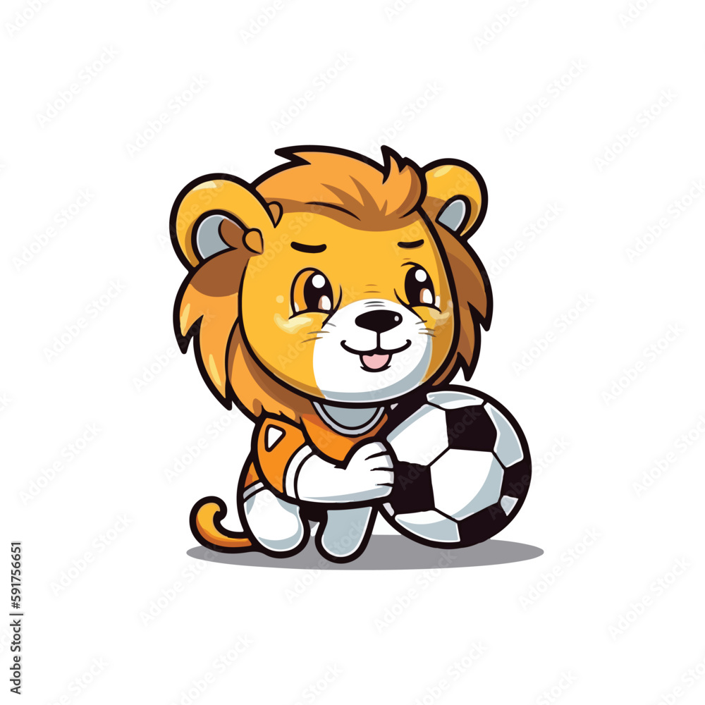 Mascot cartoon of cute smile lion playing football soccer. 2d character vector illustration in isolated background