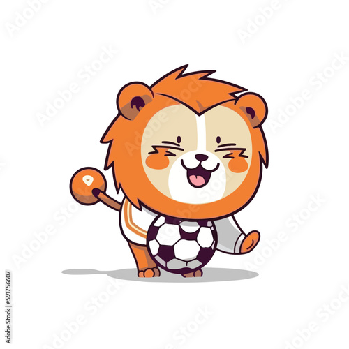 Mascot cartoon of cute smile lion playing football soccer. 2d character vector illustration in isolated background
