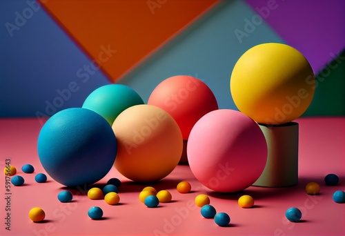 a group of balls sitting on top of a table next to each other on a table top with a colorful background behind them and a yellow, pink, blue, green, pink, blue, and yellow, and pink,. Generative AI