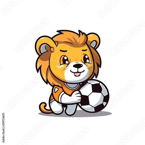 Mascot cartoon of cute smile lion playing football soccer. 2d character vector illustration in isolated background