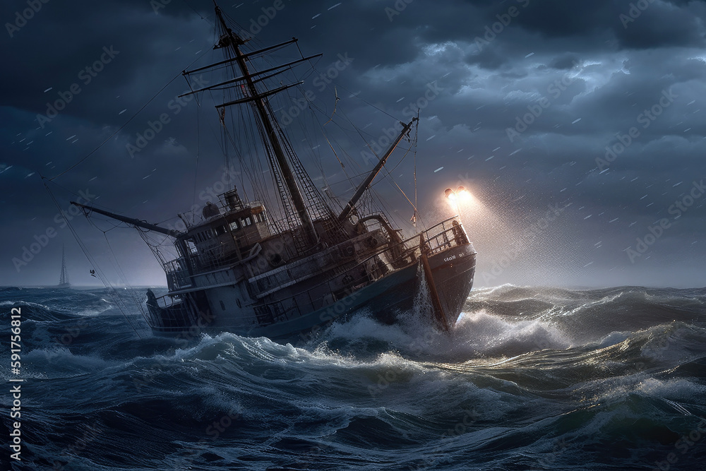 Fototapeta premium Lightning Striking Ship On Rough Seas. Generative AI