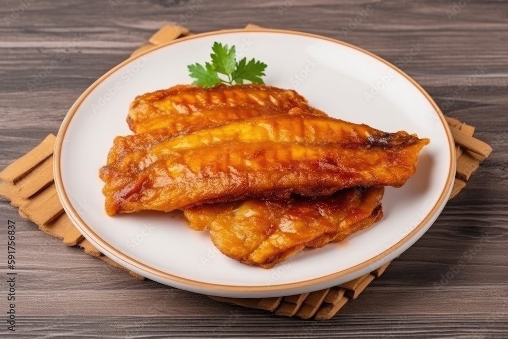 Pescado Frito On White Plate, Top View. Generative AI Pescado Frito On White Plate, Top View. Generative AI