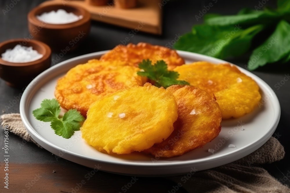 Patacones On White Plate, Top View. Generative AI Patacones On White Plate, Top View. Generative AI
