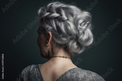 Grey Hair Styled In Braided Updo Back View. Generative AI
