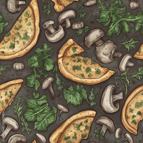 Mushroom Pizza With Truffle Oil And Arugula. Seamless Wallpaper Background.. Generative AI photo