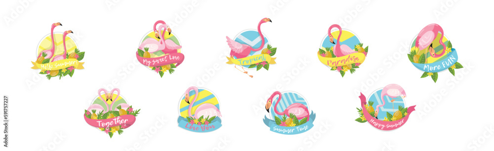Round Badges with Exotic Pink Flamingo, Pineapple and Leaves Vector Set