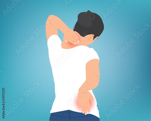 Woman suffering from pain in the waist and neck, health problem. Health care concept vector illustration.
