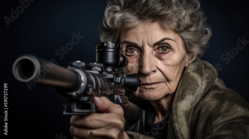 Elderly woman, possibly hitman takes aim with rifle created with generative AI technology
