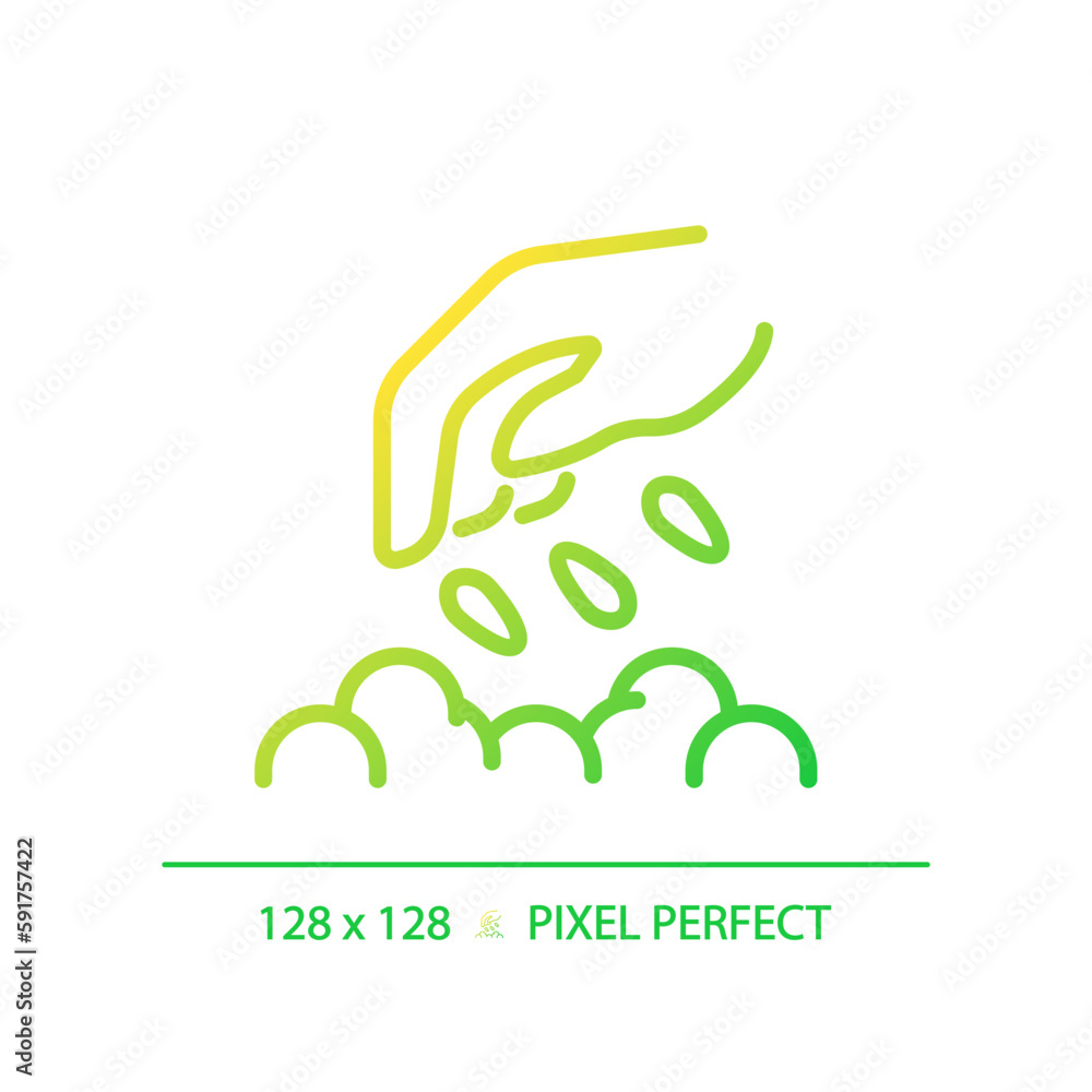 Seeding gradient linear vector icon. Direct planting. Eco friendly farming. Vegetable garden. Soil preparation. Thin line color symbol. Modern style pictogram. Vector isolated outline drawing Seeding gradient linear vector icon. Direct planting. Eco friendly farming. Vegetable garden. Soil preparation. Thin line color symbol. Modern style pictogram. Vector isolated outline drawing