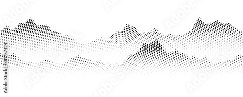 Dotted mountain gradient background. Noisy stippled grainy texture. Abstract rocks landscape with peaks with sand effect. Vector halftone fade illustration