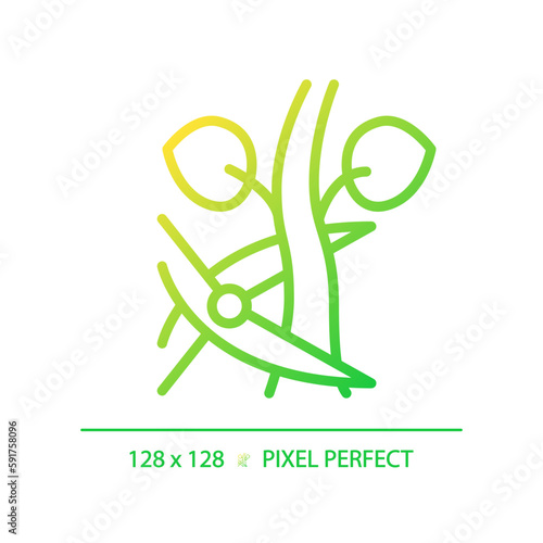 Pruning gradient linear vector icon. Removing unnecessary branches. Tree trimming. Plant growth. Garden shear. Thin line color symbol. Modern style pictogram. Vector isolated outline drawing
