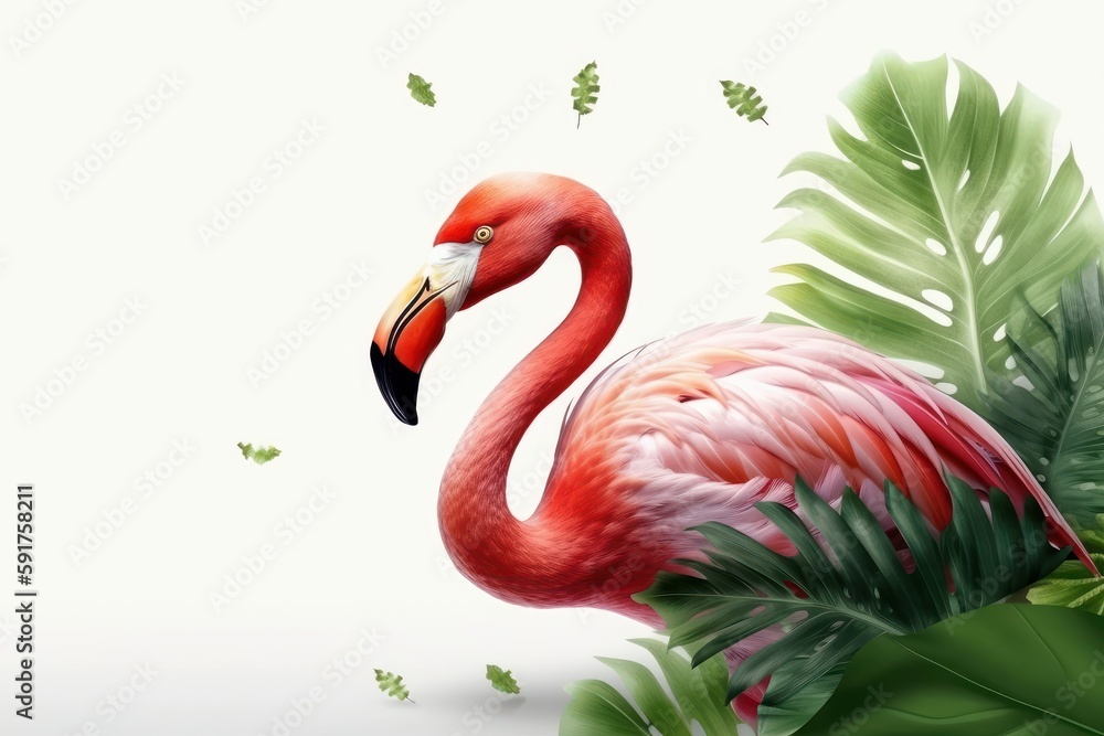 Fototapeta premium Summer festive with flamingo on white background, Tropical summer time. Generative AI