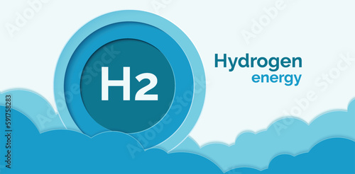 Hydrogen symbol in a blue circle on a  white and blue background. Paper cut . Banner template for a website.  Hydrogen energy. Н2. Green hydrogen logo. Clean energy. Vector illustration