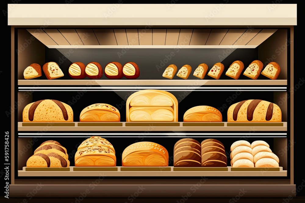 bakery display case filled with a variety of freshly baked bread. Generative AI