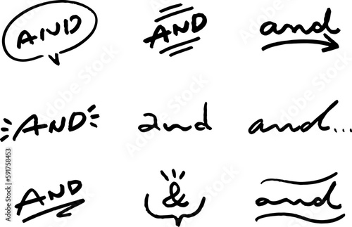 手書き文字素材。いろいろな「and」の文字。