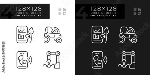 Agricultural technologies linear icons set for dark, light mode. Modern farming. Farm equipment. Agritech startup. Thin line symbols for night, day theme. Isolated illustrations. Editable stroke