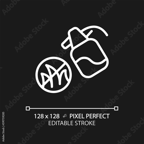 Weed control white linear icon for dark theme. Reducing growth. Vegetation management. Herbicide spraying. Vegetable garden. Thin line illustration. Isolated symbol for night mode. Editable stroke