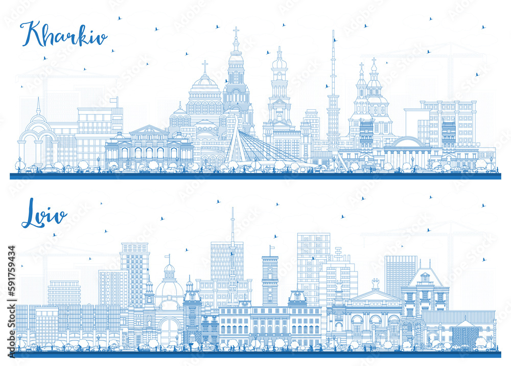 Outline Lviv and Kharkiv Ukraine City Skyline Set with Blue Buildings.