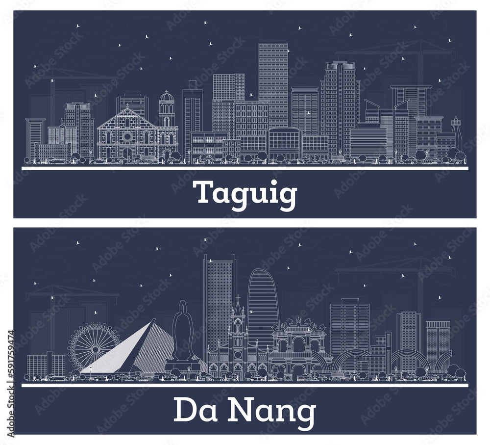 Outline Da Nang Vietnam and Taguig Philippines City Skyline Set with White Buildings.
