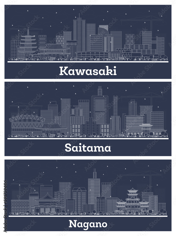 Outline Saitama, Nagano and Kawasaki Japan City Skyline Set with White Buildings.