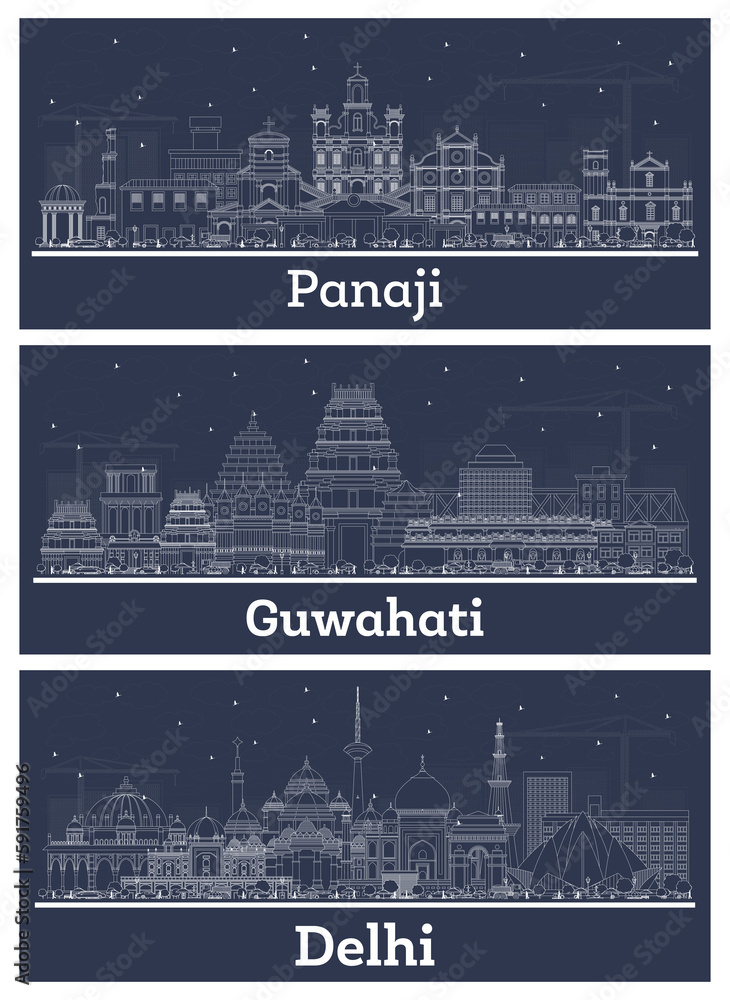 Outline Guwahati, Delhi and Panaji India City Skyline Set with White Buildings. - obrazy, fototapety, plakaty 