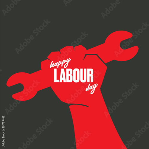 Vector silhouette of red clenched fist holding wrench isolated on grey background. Labour day and international workers day poster, label, greeting card with hand. 1 may logo design template