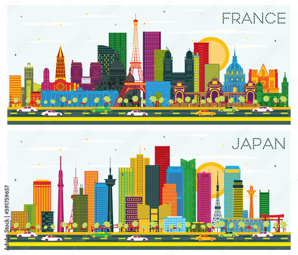 Welcome to France and Japan Skyline Set with Color Buildings and Blue Sky.