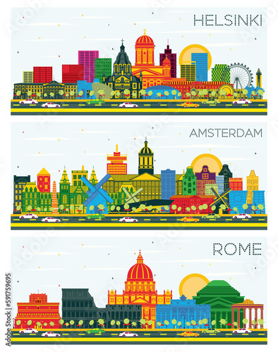 Amsterdam Holland, Rome Italy and Helsinki Finland City Skyline Set with Color Buildings and Blue Sky.