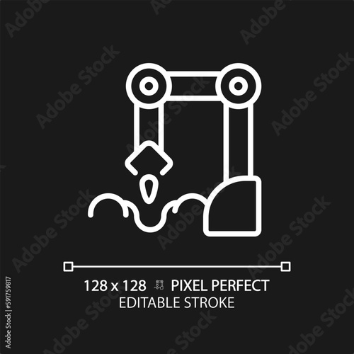 Planting robot white linear icon for dark theme. Seed sowing machine. Agricultural automation. Artificial intelligence. Thin line illustration. Isolated symbol for night mode. Editable stroke