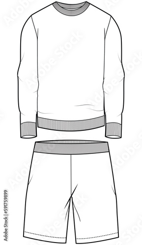 mens long sleeve t shirt and shorts knit wear set flat sketch vector illustration technical cad drawing template