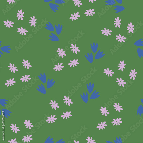 Vector seamless simple floral pattern with small rink and blue wildflowers on green background. 