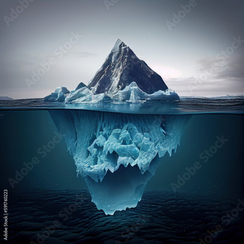 An impressive underwater perspective of a large iceberg floating in the ocean, with its stunning textures creating a unique visual experience. Great for creative and artistic themes. AI Generative.