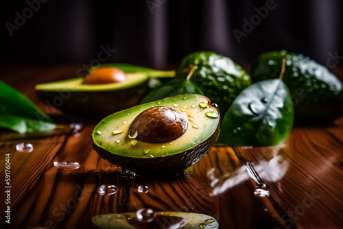 Avocado with water drops surrounding on table woodedn background. generative AI photo