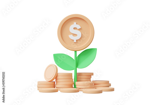 Foto Minimal cartoon showing financial coins stacks growing investment with tree on money budget fund interest finance successful business development concept on isolated background