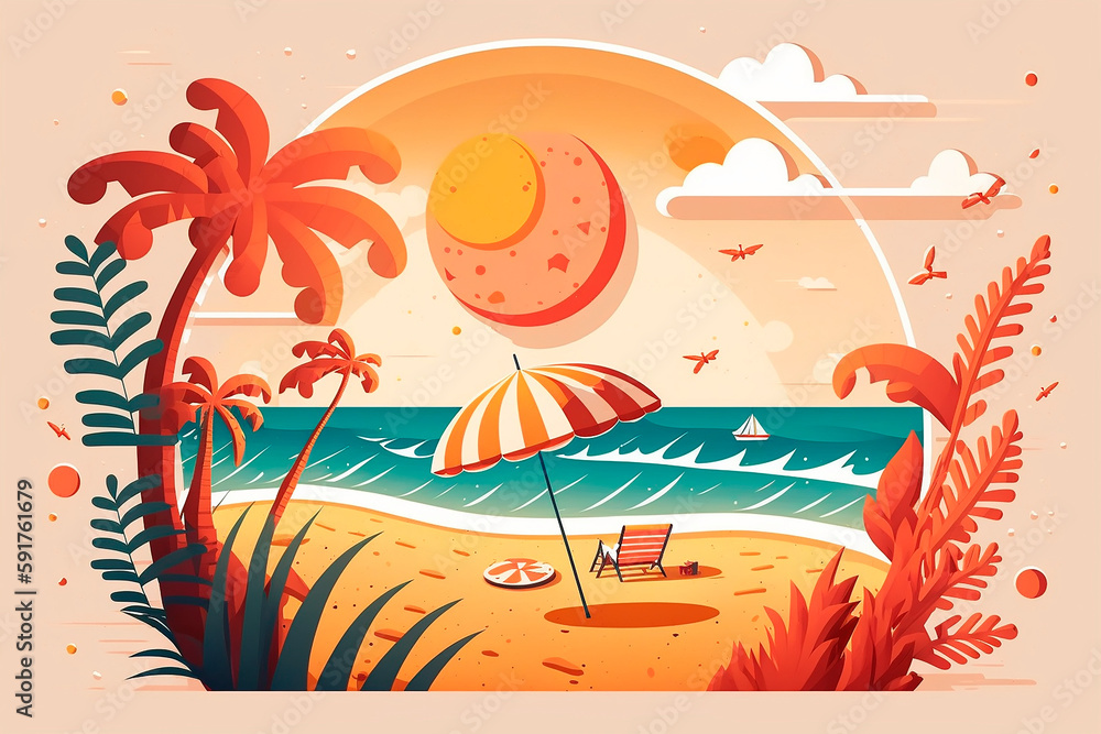 A summer seascape with a splash of seawater and beach accessories on a beach with palm trees and an umbrella. Generative AI.