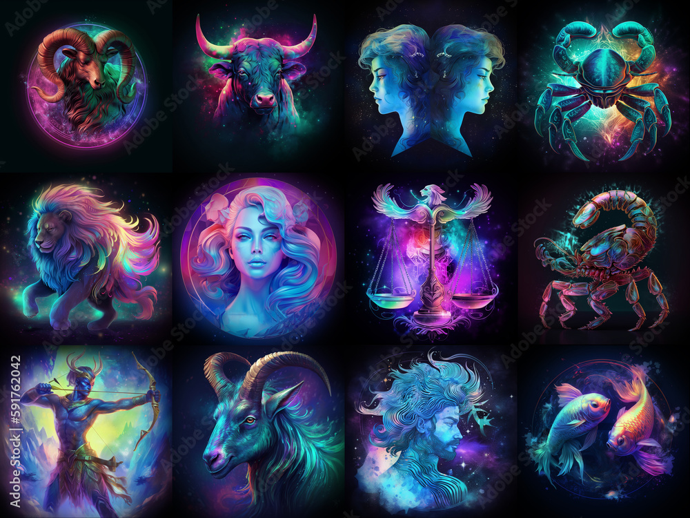 Set of zodiac signs icons. Aries, Leo, Gemini, Taurus, Scorpio, Aquarius, Pisces, Sagittarius, libra, Virgo, Capricorn, and Cancer. Phantasmal iridescent art. Generative AI