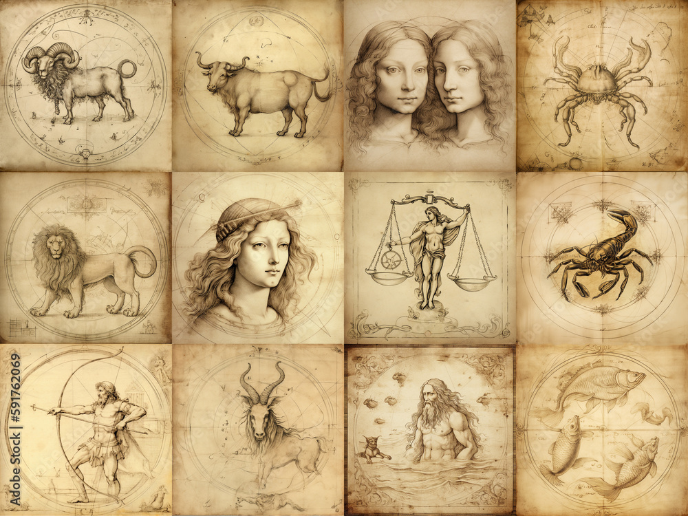 Set of zodiac signs icons. Aries, Leo, Gemini, Taurus, Scorpio, Aquarius, Pisces, Sagittarius, libra, Virgo, Capricorn, and Cancer. Leonardo da Vinci style. Generative AI - obrazy, fototapety, plakaty 