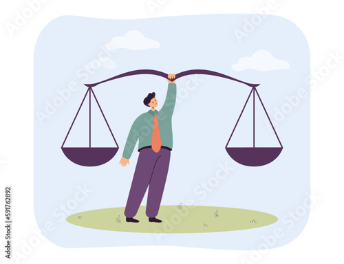 Tiny lawyer holding scales vector illustration. Cartoon drawing of man or attorney balancing scales. Law, human rights, equality, justice, comparison, dilemma concept