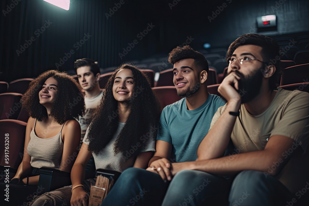 Group of young people watching movie in cinema. Group of friends sitting in cinema and smiling. Generative AI