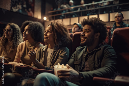 Group of young people watching movie and eating popcorn while sitting in cinema, selective focus, Generative AI