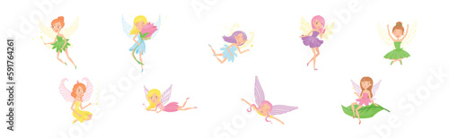 Little Fairy or Pixie with Wings with Magic Wand Vector Illustration Set