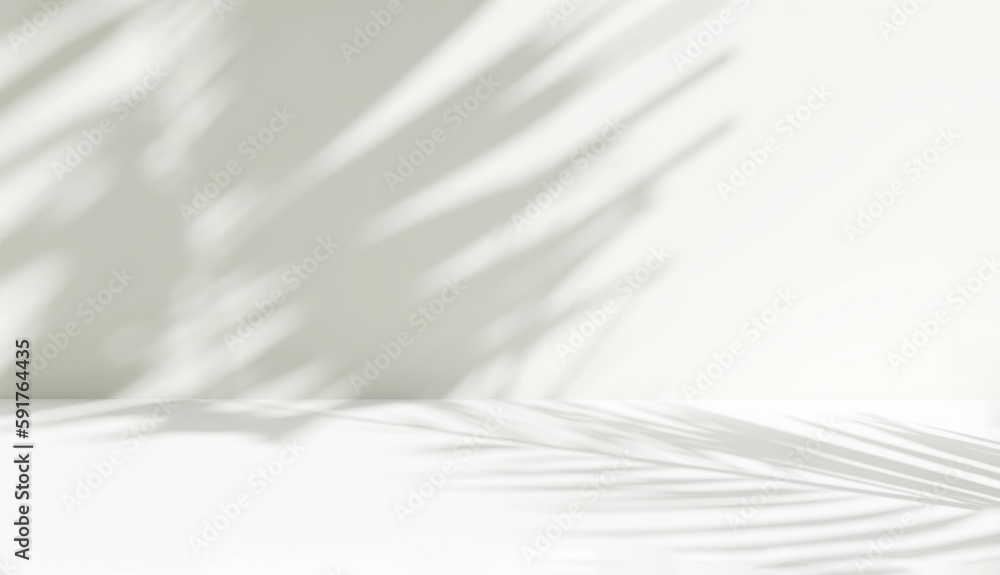 Blank minimal white counter podium, soft beautiful dappled sunlight, tropical palm foliage leaf shadow on wall for luxury hygiene organic cosmetic, skincare, beauty treatment product background 3D - obrazy, fototapety, plakaty 