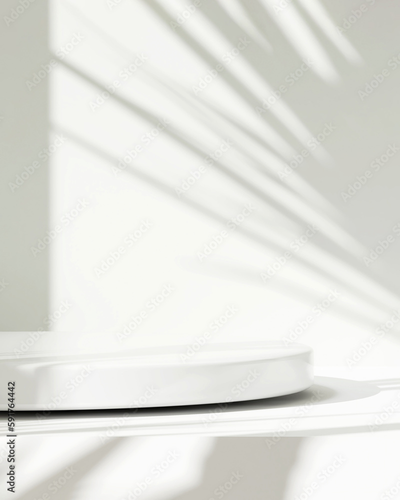 Blank minimal white counter podium, soft beautiful dappled sunlight, tropical palm foliage leaf shadow on wall for luxury hygiene organic cosmetic, skincare, beauty treatment product background 3D Blank minimal white counter podium, soft beautiful dappled sunlight, tropical palm foliage leaf shadow on wall for luxury hygiene organic cosmetic, skincare, beauty treatment product background 3D