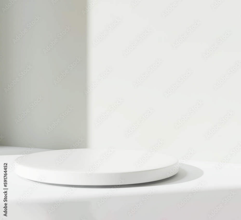 Smooth round white tray podium in sunlight on white table countertop, wall for nature luxury hygiene organic cosmetic, skincare, beauty treatment, food, drink product background 3D Smooth round white tray podium in sunlight on white table countertop, wall for nature luxury hygiene organic cosmetic, skincare, beauty treatment, food, drink product background 3D