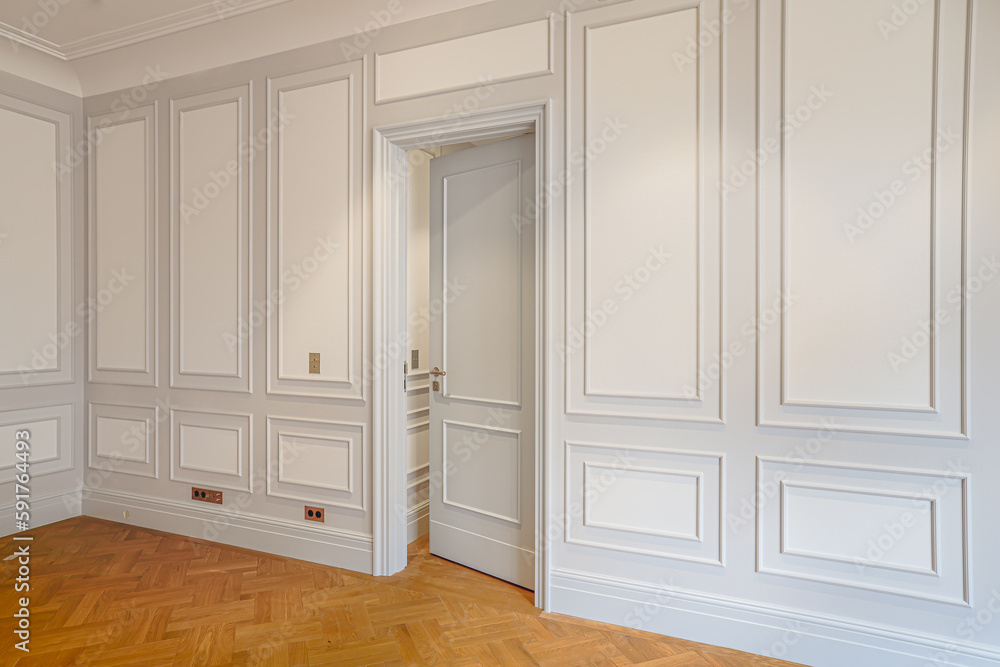 horizontal corner frame frame of interior on white wall with closed slightly open door and wooden parquet