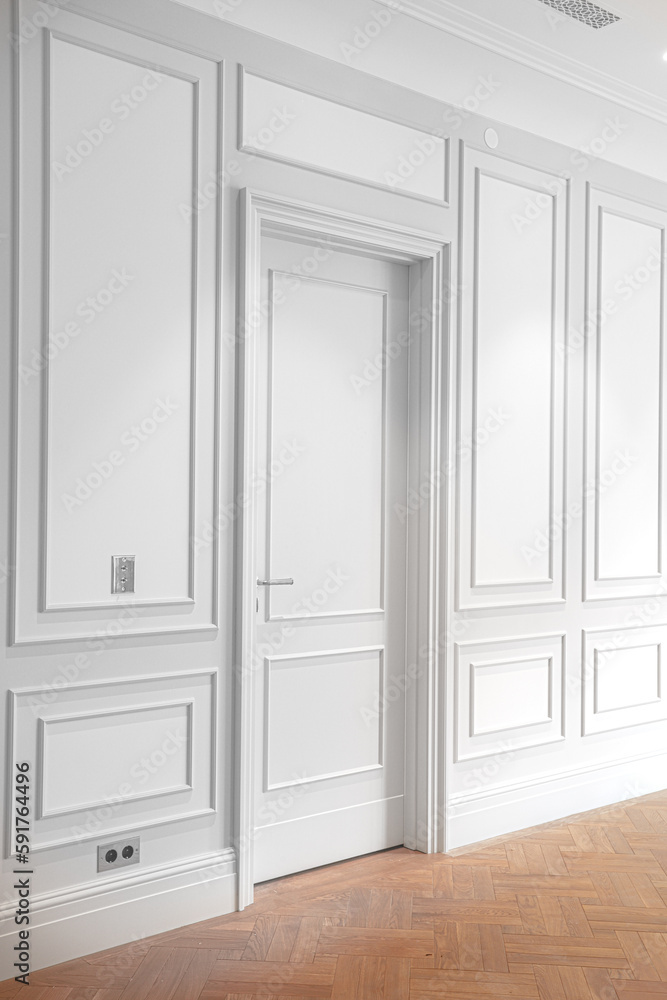 vertical corner frame of luxury interior on white wall with closed door and wooden parquet